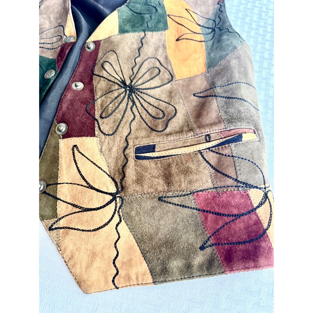 AJNY Vintage Patchwork Leather Boho Vest Med Floral Suede Earth Tone 90s Retro - Picture 5 of 14